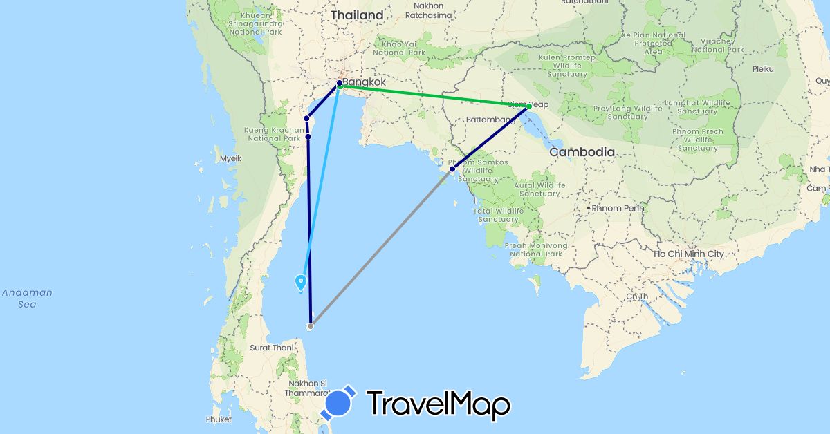 TravelMap itinerary: driving, bus, plane, boat in Cambodia, Thailand (Asia)